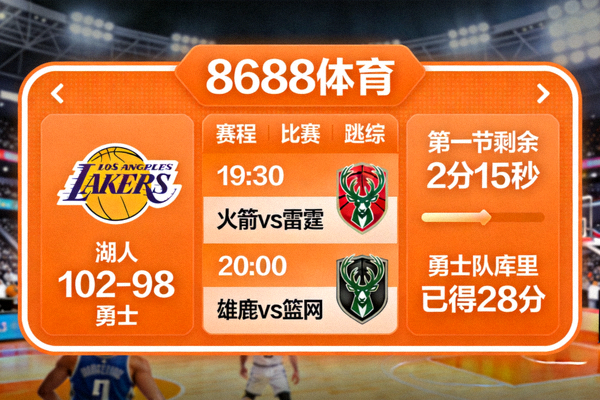 8688体育直播界面展示实时比分、赛程和比赛追踪，橙色主题数据面板